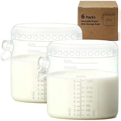 6 Pcs Reusable Silicone Breast Milk Storage Bags freezer with Double-Seal Design 9oz/260ml, BPA Free, One-Piece, Self-Standing Milk Bags for Breastfeeding, Baby Food Pouches