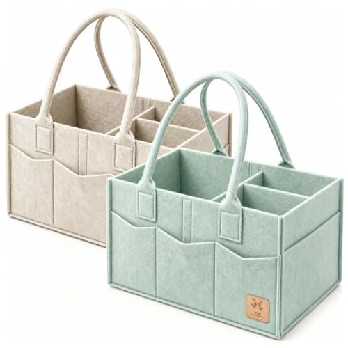 HIPHOP PANDA 2-Pack Diaper Caddy Organizer - Nursery Storage Bin & Car Organizer for Diapers, Wipes, and Baby Essentials - Dual-Color Solid Set (Green/Oatmeal), Large Size