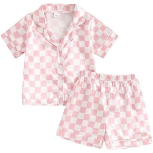 Toddler Baby Kids Satin Summer Pajamas Set Short Sleeve Button-Down Pajamas Top Pants 2Pcs Loungwear Sleepwear Pjs