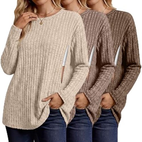 3 Pack Women's Long Sleeve Nursing Shirts | Breastfeeding Tops, Zipper, Ribbed Maternity Tops, Oversized Sweater, Lightweight, Hospital, Convenient Nursing Design