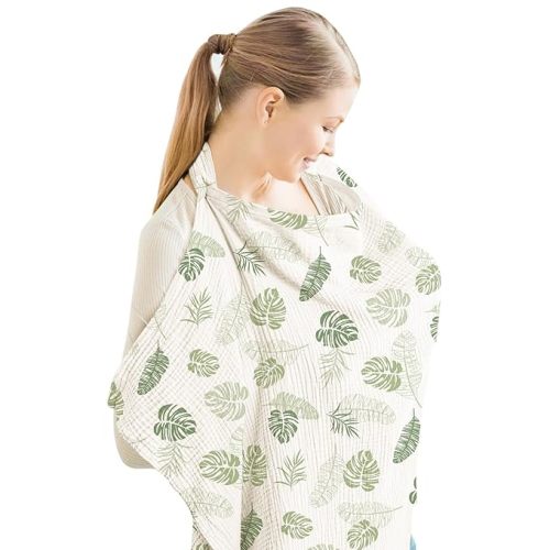 Konssy Muslin Nursing Cover for Baby Breastfeeding, Breathable 100% Cotton Breastfeeding Cover with Rigid Hoop for Mother Nursing Apron, Multi-use Carseat Canopy (Palm Paradise)