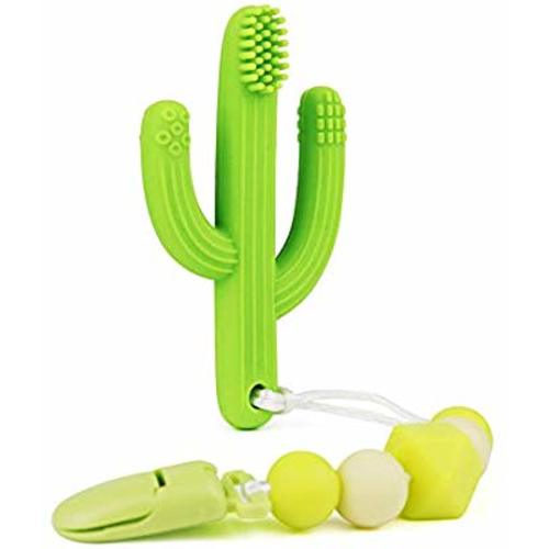 Cactus Teething Toothbrushc with Silicone Pacifier Clips,Baby teether Pain Reliefsoft chew Toys for Kids Safe Gifts Teething Babies