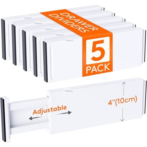 Lifewit 5 Pack Drawer Dividers for Clothes, 10.9-16" Adjustable Drawer Organizers, 4" High Plastic Expandable Drawer Separators in Bedroom/Office/Bathroom/Kitchen Storage, White