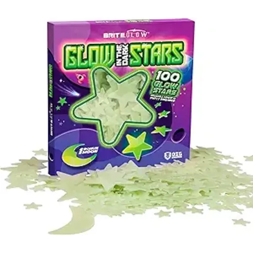 OIG Brands 100 PK Green Glow in The Dark Stars for Ceiling Easter Basket Stuffers for Kids - Star Brite Plastic Glow Stars with Moon & Putty Ages 4,5,6,7,8,9,10,11,12 for Bedroom Space Night Light