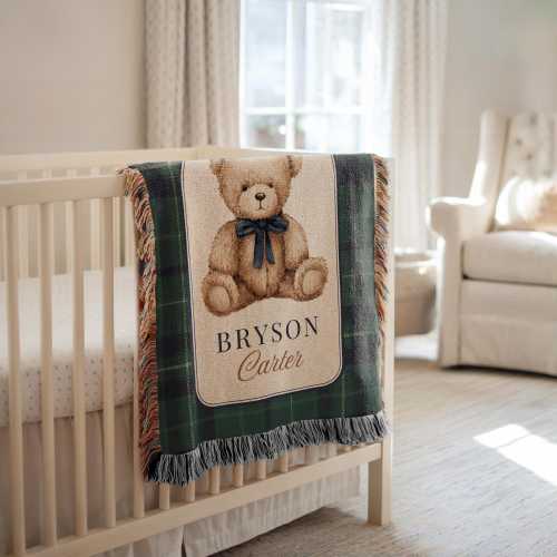 Personalized Teddy Bear Baby Blanket, Newborn Name Blanket, Custom Bear Plaid Blanket, Baby Boy Nursery Blanket, Classic Woven Keepsake Gift