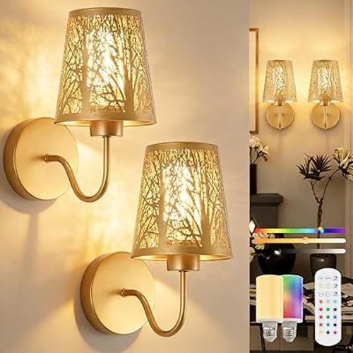 Wireless Wall Sconce, Battery Operated Wall Sconce Set of 2, Not Hardwired Wall Lights with Metal Shade, Gold Rechargeable RGB Wall Lights with Remote for Living Room Corridor Bedroom etc