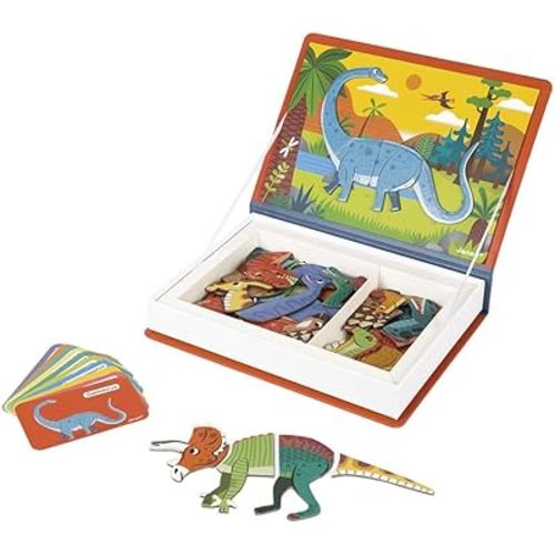 Janod - Magnetibook 51 pc Magnetic Dinosaur Mix and Match Game - Ages 3+ - Playing Dress-Up with Magnets - Enhances Fine Motor Skills - Includes Book Shaped Travel/Storage Case