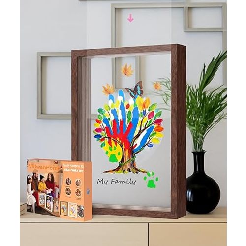Brown Family Handprint Kit for 5 – Wooden Frame with 5 Clear Acrylic Boards, DIY Handprint Keepsake for Baby, Pet, Mom, Grandparents, Hand Mold Art Set with Non-Toxic Washable Paint (Brown)