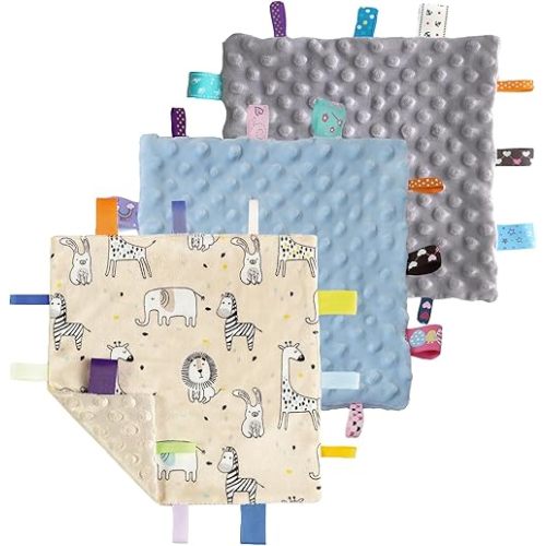 CREVENT Tag Security Blankets for Babies, Soft Small Loveys for Boys, Baby Comforter Sensory Blanket, Great Gifts for Birthday Baby Shower (10"X10" Zoo + Blue + Grey)