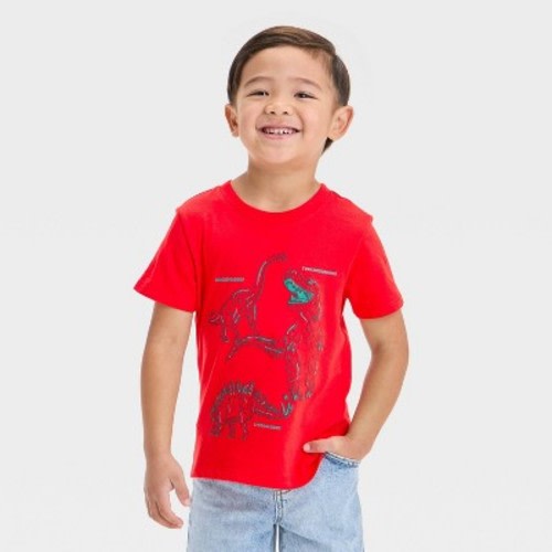 Toddler Boys' Short Sleeve Dinos Graphic T-Shirt - Cat & Jack™ Red 2T: Crew Neck, Jersey Fabric