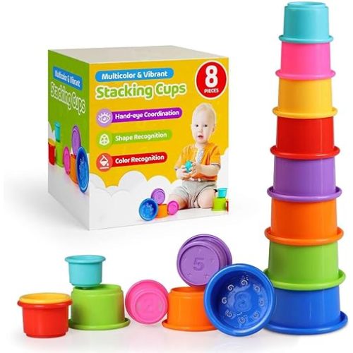 Colorful Stacking Cups for Babies and Toddlers, 8 PCS Nesting and Stackable Cups for Bath, Beach, Montessori Play, Early Learning and Fine Motor Skill Development - 8 Count