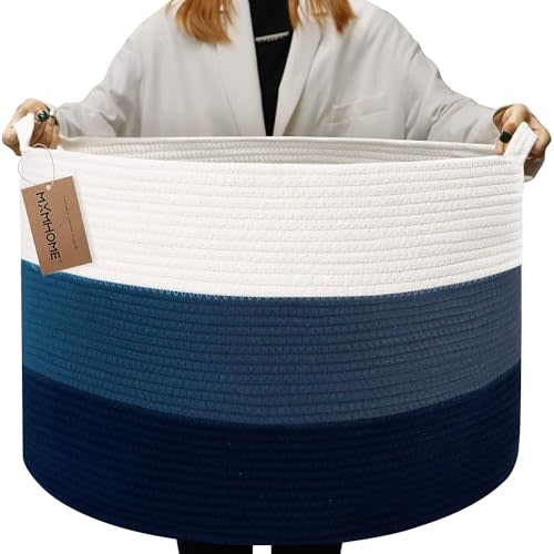 MXMHOME Large Cotton Blanket Basket,22"x22"x14" Rope Basket for Living Room Baby Laundry with Handle Nursery Soft Storage Comforter Cushions Thread Hamper