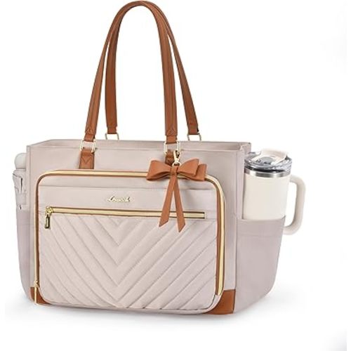 LOVEVOOK Laptop Teacher Tote Bag for Women, Work Nurse Bag with Large Cup Holder, Quilted Diaper Bag for Travel, Computer Women's handbags for Teacher gift, Apricot-brown, 15.6 Inch