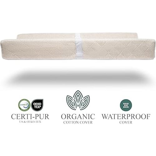 Organic Cotton Contoured Baby Changing Pad w/Waterproof Foam Mattress, Includes Soft, Removable & Washable Cover, Safety Strap, Non-Slip Bottom, Topper for Standard Size Infant Diaper Table & Dresser