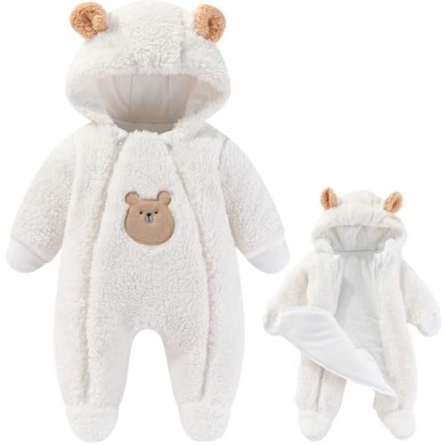 Fairy Baby Newborn Baby Winter Snowsuit Bear Thick Romper Footie Double Zip Hooded Jumpsuit Fleece Coat - white 0-3M