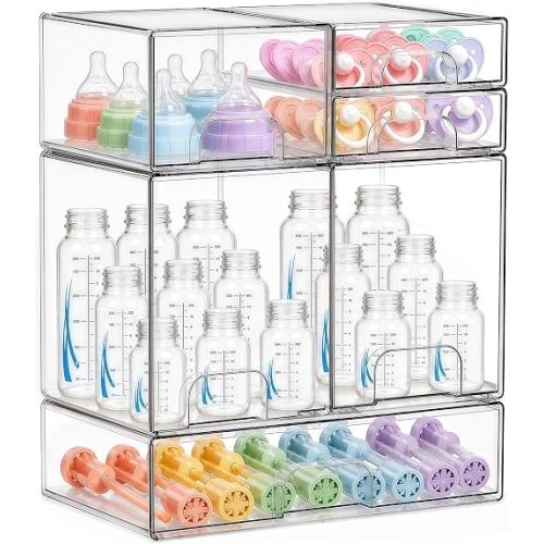 Baby Bottle Organizer 6 Pack Baby Bottle Storage Organizer Clear Bottles Station Acrylic Stackable Container Drawers Bins for Pacifiers,Nipples,Pump Parts for Countertop,Cabinet,Bathroom,Vanity