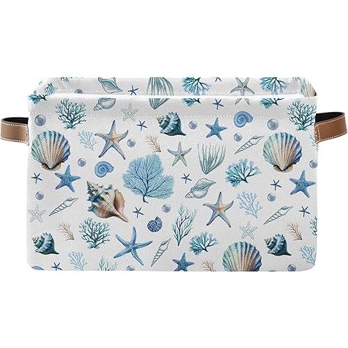 JOPJOLIW Sea Shells Starfish Rectangle Storage Basket - Ocean Themed Collection Collapsible Storage Baskets with Handles - Ocean Conch Pattern Storages Bin for Kids Clothes, Gifts, Books, Toys
