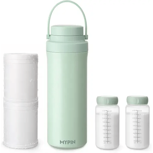 MYPIN 22oz Portable Breast Milk Cooler for Outdoor, 360° Cooling Tubes for 24 Hours with 2pcs Baby Bottles Reusable Storage Container, Larger Capacity Stainless Steel Travel Breastmilk Chiller