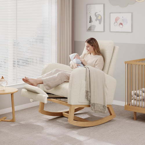 Ergonomic Rocking Chair for Nursery & Living Room – Adjustable Footrest, High Backrest, Soft Fleece, Wooden Legs, Side Pocket, Modern Glider – White Lambswool with Footrest
