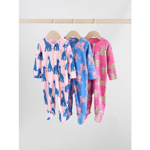 Blue/Pink Animal Character 3 Pack Two Way Zip Baby Sleepsuits (0mths-2yrs)