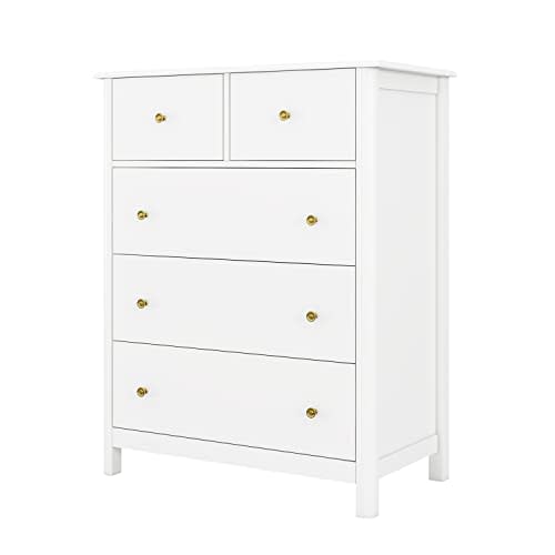 HOUSUIT Drawer Chest, 5 Dresser Chest of Drawers, Clothes Storage Cabinet Nightstand with Drawers, Modern Dresser for Bedroom, Nursery, Living Room, White