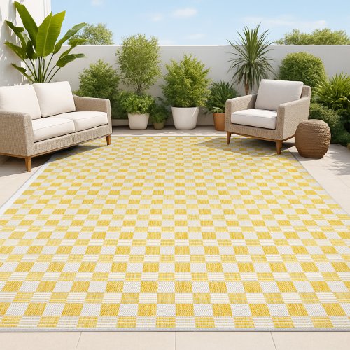 JONATHAN  Y TUSCAN SUN Aimee Traditional Cottage Checkerboard 5 x 8 (ft) Loomed Polypropylene Yellow/Cream Rectangular Indoor/Outdoor Geometric Farmhouse/Cottage House Washable Pet Friendly Area rug