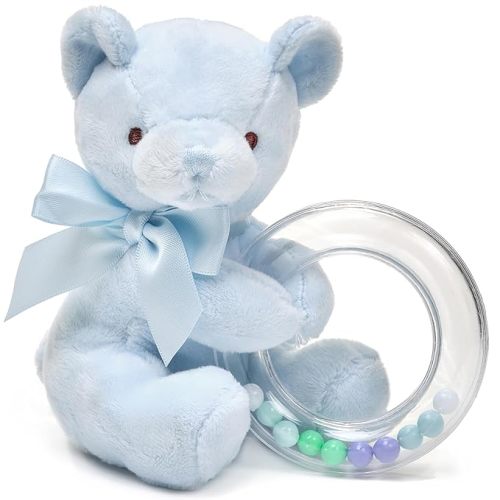Baby Polky Blue Plush Stuffed Animal Teddy Bear Shaker Toy Ring Rattle, 5" - Baby Boy Toys - Stuffed Animal for Kids