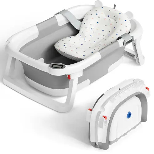 【Mothers Day gift】Collapsible Baby Bathtub with Real-time Temp Monitor Floating Cushion, Foldable Baby Bath Tub Set - Perfect Portable Travel Baby Tub Cute Care - TikTok Shop