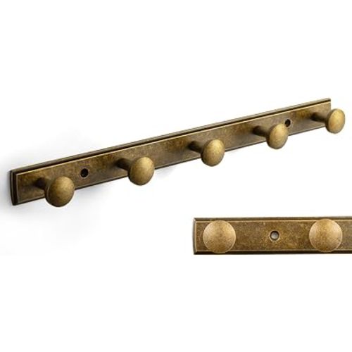 Goo-Ki Antique Brass Coat Rack Wall Mount, Heavy Duty Zinc Wall Mounted Coat Hooks with Escutcheon Backplate, Vintage Hat and Towel Hanger Rail for Entryway, Bathroom and Mudroom (5 Hooks)