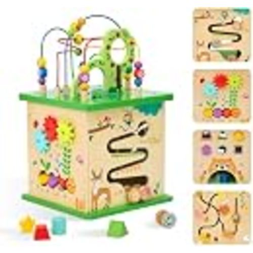 OOOK 5 in 1 Large Activity Cube, Forest-Themed Activity Cube for 1 Year Old | Wooden Play Center with Bead Maze, Shape Sorter, Gear Game, Montessori Toy for 1-2 Year Old, 13.4"W×13.4"D×22.2"H