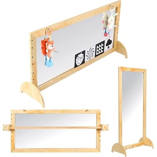 3-in-1 Montessori Non-Shatter Mirror with Wooden Pull Up Bar – Safe Infant Coordination Mirror, Kids Classroom Furniture for Daycare, Homeschool or Preschool (Dolls not Include)