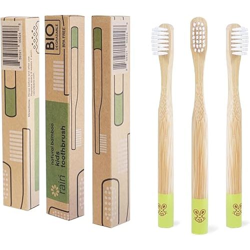 Rain Organic Bamboo Baby Kids Toothbrush - 100% Safe Infant Toddler Toothbrush 6 to 12 Months and Up, Natural BPA-Free Biodegradable Wood Extra Soft Bristles Children's Dental Care (3 Pack)