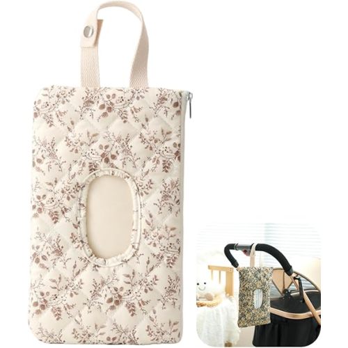 Baby Wipe Holder Diaper Caddy Pouch - Floral Quilted Portable Travel Organizer for Strollers, Diaper Bags & Daily Essentials | Compact Reusable Wipes Case (White)