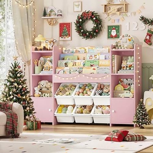 FINETONES Toy Storage Organizer with 6 Toy Bins, Toy Organizer Kids Bookshelf with 6 Cubbies, Toy Organizers and Storage Bins Playroom Storage for Kids Room, Pink