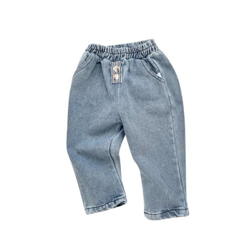 Kovlvoll Newborn Baby Clothes Elastic Waist Pants Straight Leg Solid Color Casual Infant Denim Trousers with Pockets