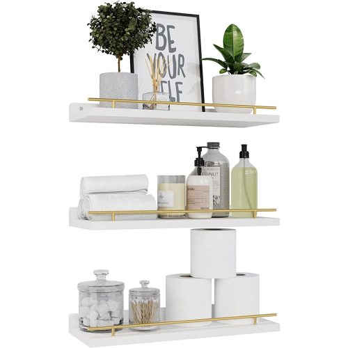 WOPITUES Floating Shelves with Gold Metal Guardrail, Shelves for Wall Decor Set of 3, Wall Shelves for Bedroom, Bathroom, Kitchen, Living Room, Plants, Picture Frames, Art- White and Gold