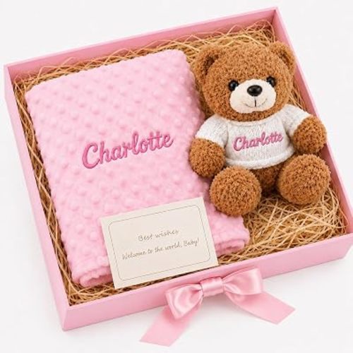 Personalized Baby Blanket with Optional Plush Teddy Bear Gift Set, Custom Baby Blankets with Embroidered Name, Double Layer Dot Swaddle for Girls, Newborn Essentials, Custom Baby Shower Birthday Gifts