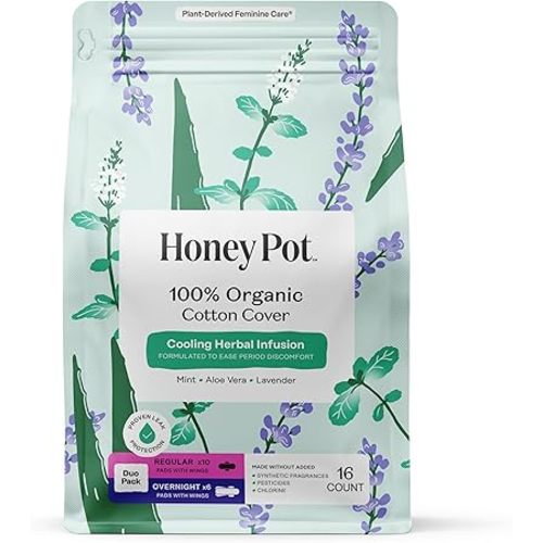 Honey Pot - Herbal Sanitary Pads for Women - Regular & Overnight Flow w/Wings - Infused w/Essential Oils for Cooling Effect & Organic Cotton Cover – Medium Pack - Feminine Care - 16 ct