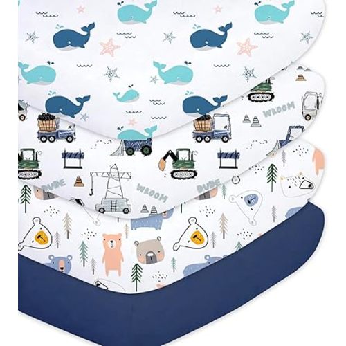Plushii 4 Pack Fitted Crib Sheets for Baby Boys, 28"x 52" Extra Soft Microfiber Crib Sheet Set for Standard Crib & Toddler Mattress Pad, Whale & Trucks & Little Bear & Navy Blue