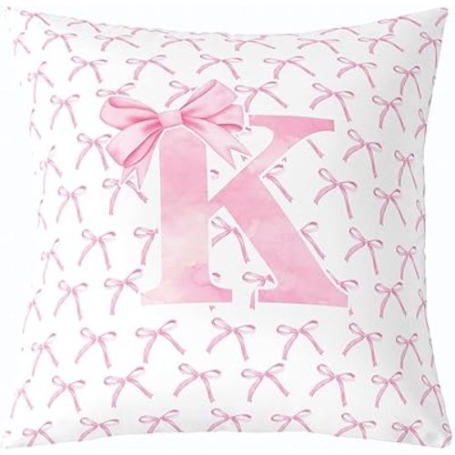 Cartoon Bowknot Kids Throw Pillow Cover,Pink Bow Tie Letter K Knot Princess Double Sides Pillow Case Girls Women,Watercolor Bow Patchwork Pink White Bed Couch Sofa Cushion Cover,Single Pack 16"x16"