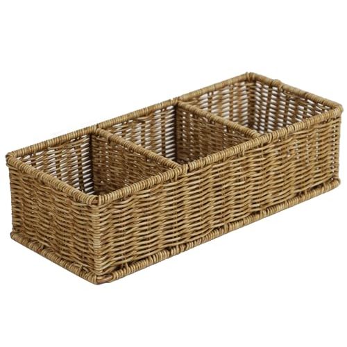 Waterproof Wicker Bathroom Basket with 3 Compartments, Light Brown | Toilet Tank Basket, Vanity Counter Organizer, Toilet Paper Storage, Built-In Dividers, Handwoven Look