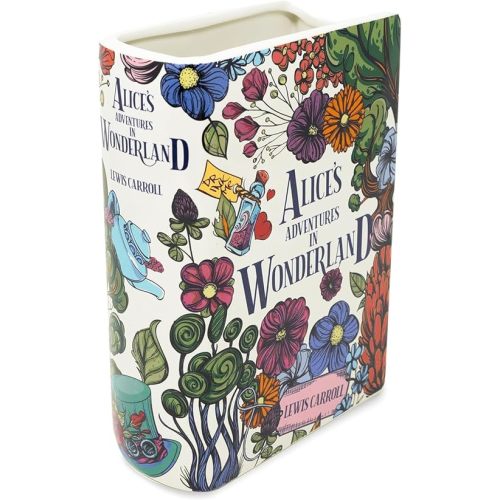 Steel Mill & Co Original Large Book-Shaped Decorative Vase, Ceramic Vases for Home Decor, Cute Bookshelf Decor, Unique Vase for Book Lovers, Alice's Adventures in Wonderland - Floral Nonsense