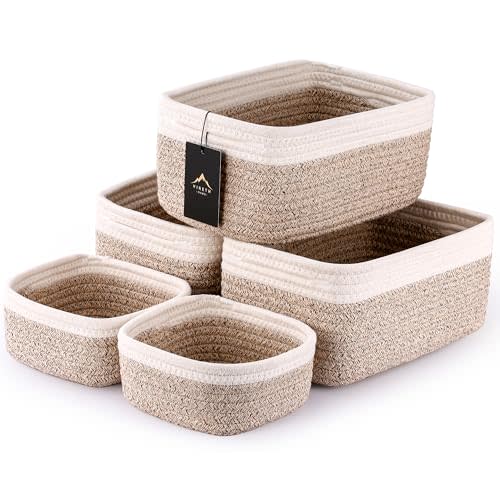 VIRETH HAUS 5-Pack Small Woven Rope Storage Baskets – 2 Sizes Organizer Bins for Closet, Shelf, Bookshelf, Nursery, Changing Table, Fabric Cube Boxes, Rectangular Shallow Bins for Bathroom, Toy & Home