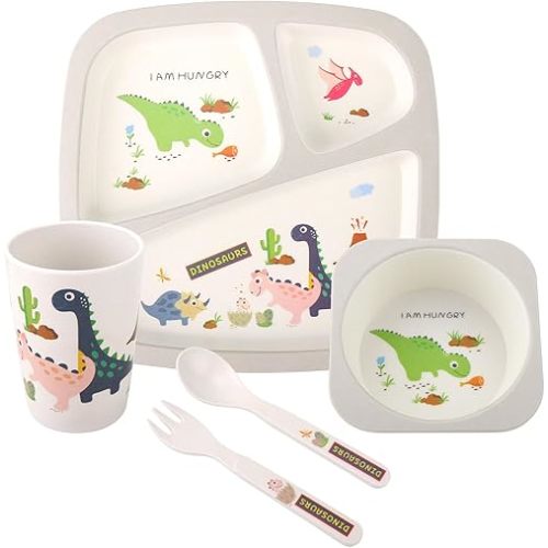 Kids Tableware Set 5 Pcs, Feeding Dinnerware Set for Toddlers Includes Plate Bowl Cup Fork and Spoon Utensil Flatware, Kids Feeding Set Dishwasher Safe, BPA Free (Dinosaurs)