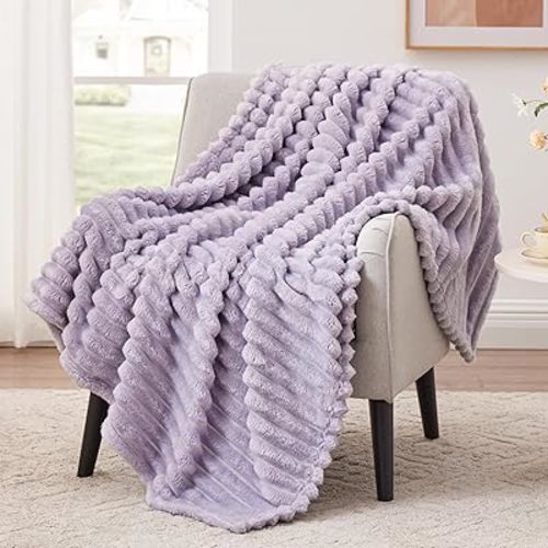 EXQ Home Fleece Throw Blanket for Couch or Bed - 3D Stripe Jacquard Decorative Blankets - Cozy Soft Lightweight Fuzzy Flannel Blanket Suitable for All Seasons(50"×60",Light Purple)