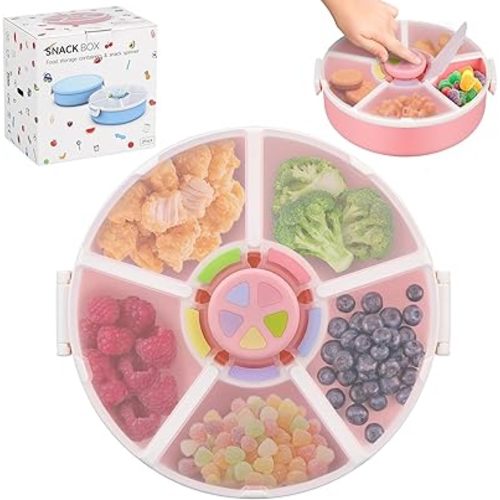 Kids Original Snack Spinner Bundle - Reusable Snack Container with 5 Compartment Dispenser and Lid | BPA and PVC Free | Dishwasher Safe | No Spill, Leakproof,for Toddlers (Pink-1PC)