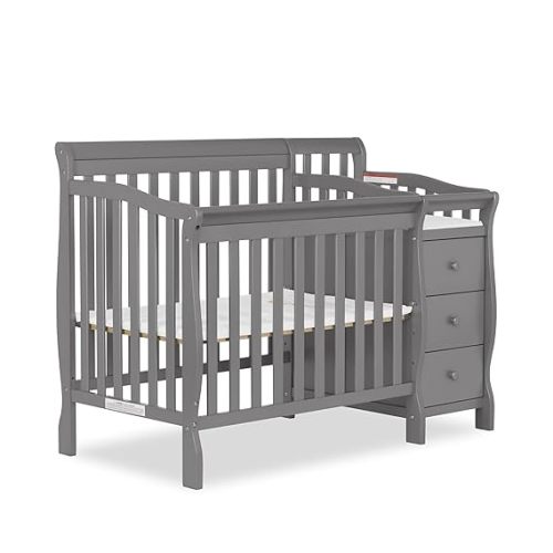 Dream On Me Jayden 4‑in‑1 Mini Convertible Baby Crib & Changer with Storage, Steel Grey, Pinewood, GreenGuard Gold & JPMA, 1” Mattress Pad, 3 Mattress Heights, Converts to Mini Day & Twin-Size Bed