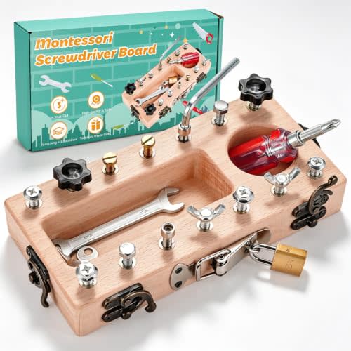 Montessori Screwdriver Board Set with Lock and Key, Montessori Toys for 3 4 5 Year Old, Wooden Screw Driver Activities Tools, Fine Motor Skills Preschool Learning Sensory Toy