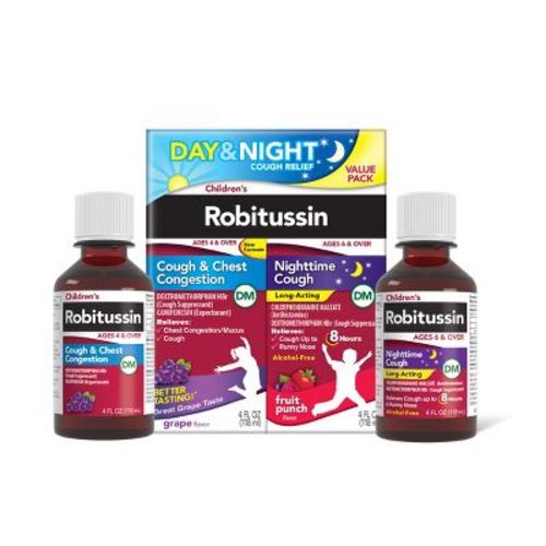 Children's Robitussin Day/Night Cough & Chest Congestion DM - Dextromethorphan - Grape & Fruit Punch Flavors - 4 fl oz/2pk