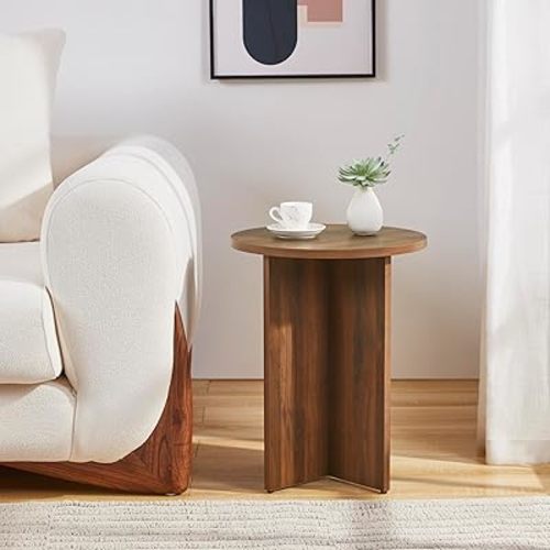 Erious Walnut Round Side Table, Small Pedestal Drink Table, Accent Sofa Table, Wooden Coffee Tea Table for Living Rooms, Bedrooms, Small Space